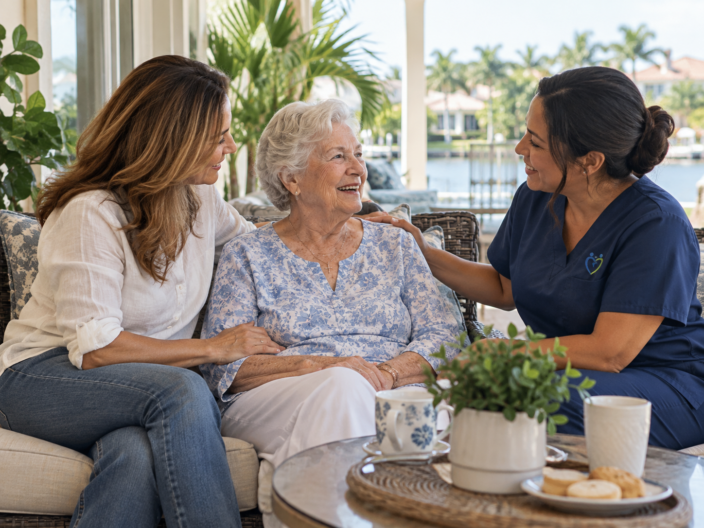 A senior grandfather sharing a warm moment with his family and caregiver